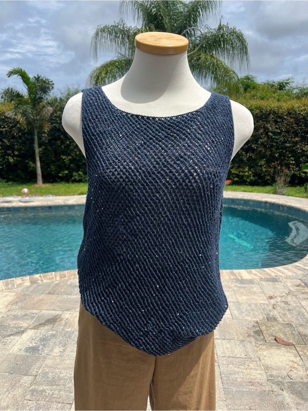 Gran Sasso Navy Blue Sequin Open Knit Sleeveless Top Made in Italy